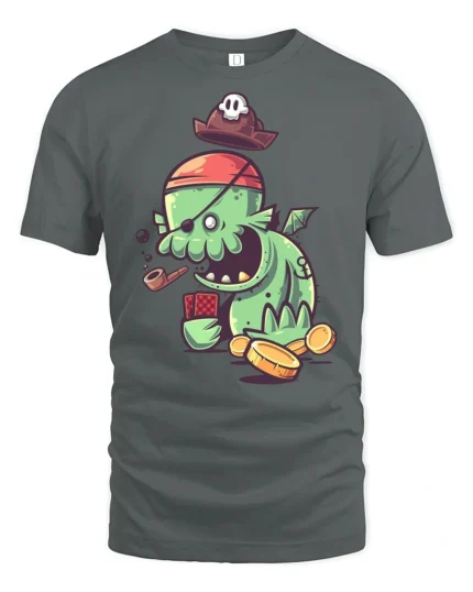 Lucky Pirate Swamp Monster Gambling Treasure Graphic Tee - gray t-shirt on white background