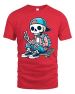 Cool Skater Skeleton Peace Sign Street Style Graphic Tee - red t-shirt on white background