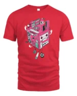 Retro Musical Cube Beats Pink Cassette Tape Graphic Tshirt - red t-shirt on white background