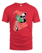 Bold Money Reaper Cash Calling Red Cloak Graphic Tee - red t-shirt on white background