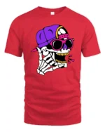 Vibrant Hip Hop Skeletal Rockstar Pink Shades Graphic Tee - red t-shirt on white background
