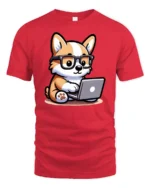Smart Tech Corgi Puppy Coding Laptop Nerd Graphic Tshirt - red t-shirt on white background