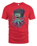 Loud Octopus Retro Boombox Street Art Graphic Tshirt - red t-shirt on white background