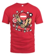 Rebel Skater Stop Sign Head Street Art Graphic Tshirt - red t-shirt on white background