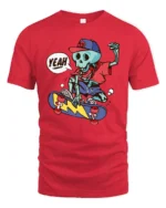 Radical Skateboarding Skeleton Blue Bones Graphic Tshirt - red t-shirt on white background
