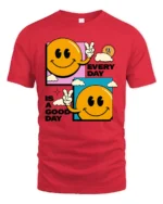 Cheerful Smiley Face Peace Sign Every Day Good Day Tshirt - red t-shirt on white background