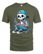 Cool Skater Skeleton Peace Sign Street Style Graphic Tee - military green t-shirt on white background
