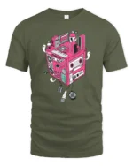 Retro Musical Cube Beats Pink Cassette Tape Graphic Tshirt - military green t-shirt on white background