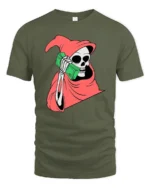 Bold Money Reaper Cash Calling Red Cloak Graphic Tee - military green t-shirt on white background