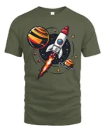 Galactic Rocket Ship Launch Retro Space Exploration Tshirt - military green t-shirt on white background