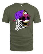 Vibrant Hip Hop Skeletal Rockstar Pink Shades Graphic Tee - military green t-shirt on white background