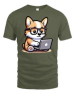 Smart Tech Corgi Puppy Coding Laptop Nerd Graphic Tshirt - military green t-shirt on white background