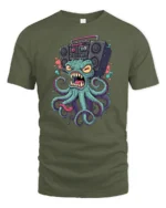 Loud Octopus Retro Boombox Street Art Graphic Tshirt - military green t-shirt on white background