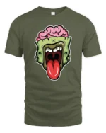 Brainy Undead Zombie Sticking Tongue Out Graphic Tshirt - military green t-shirt on white background
