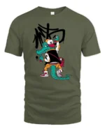 Graffitied Alligator Street Artist Varsity Jacket Graphic Tee - military green t-shirt on white background