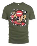 Rebel Skater Stop Sign Head Street Art Graphic Tshirt - military green t-shirt on white background