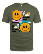 Cheerful Smiley Face Peace Sign Every Day Good Day Tshirt - military green t-shirt on white background
