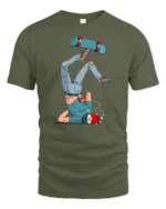 Clumsy Skater Headphones Fail Street Art Graphic Tshirt - military green t-shirt on white background