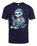 Cool Skater Skeleton Peace Sign Street Style Graphic Tee - navy t-shirt on white background