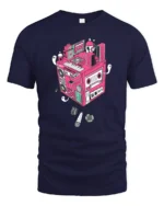 Retro Musical Cube Beats Pink Cassette Tape Graphic Tshirt - navy t-shirt on white background