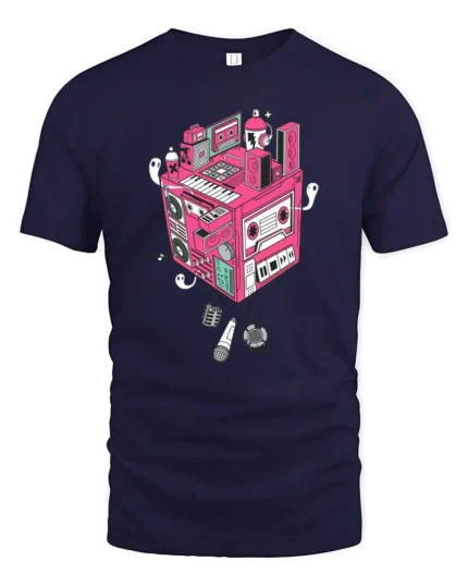 Retro Musical Cube Beats Pink Cassette Tape Graphic Tshirt - navy t-shirt on white background