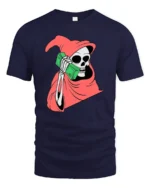 Bold Money Reaper Cash Calling Red Cloak Graphic Tee - navy t-shirt on white background