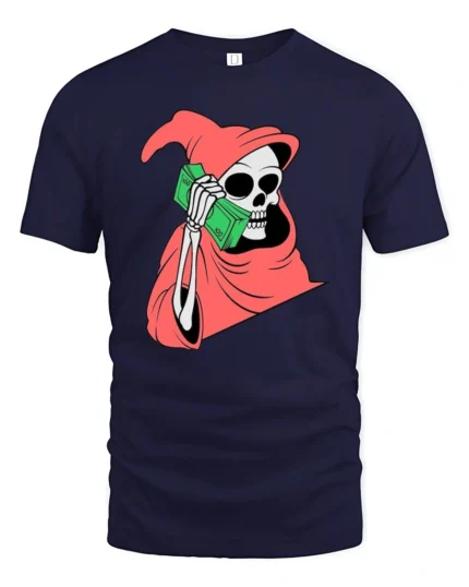 Bold Money Reaper Cash Calling Red Cloak Graphic Tee - navy t-shirt on white background