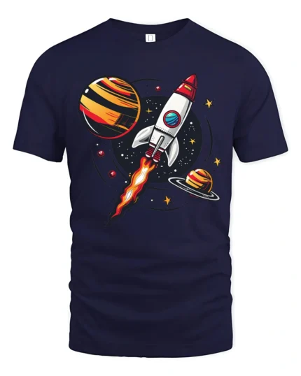 Galactic Rocket Ship Launch Retro Space Exploration Tshirt - navy t-shirt on white background