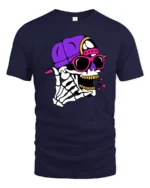 Vibrant Hip Hop Skeletal Rockstar Pink Shades Graphic Tee - navy t-shirt on white background