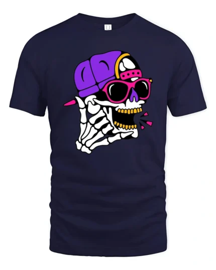 Vibrant Hip Hop Skeletal Rockstar Pink Shades Graphic Tee - navy t-shirt on white background