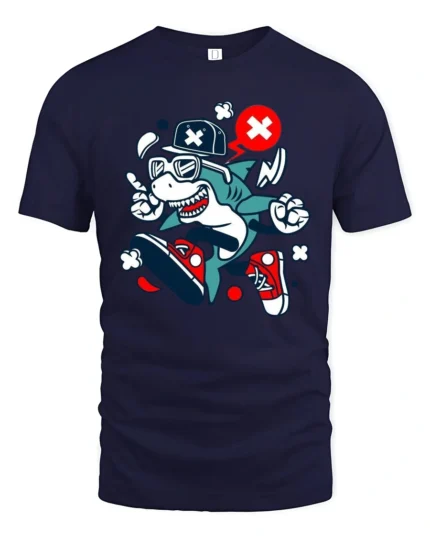 Radical Street Style Shark Snazzy Sneaker Graphic Tee - navy t-shirt on white background
