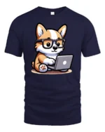 Smart Tech Corgi Puppy Coding Laptop Nerd Graphic Tshirt - navy t-shirt on white background