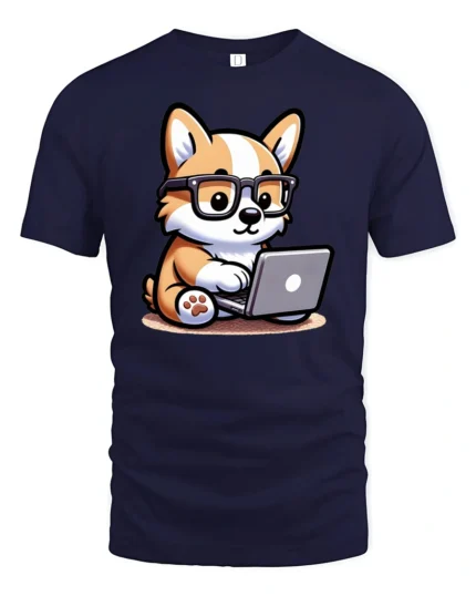 Smart Tech Corgi Puppy Coding Laptop Nerd Graphic Tshirt - navy t-shirt on white background
