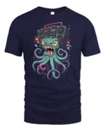 Loud Octopus Retro Boombox Street Art Graphic Tshirt - navy t-shirt on white background