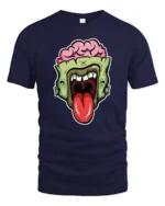 Brainy Undead Zombie Sticking Tongue Out Graphic Tshirt - navy t-shirt on white background