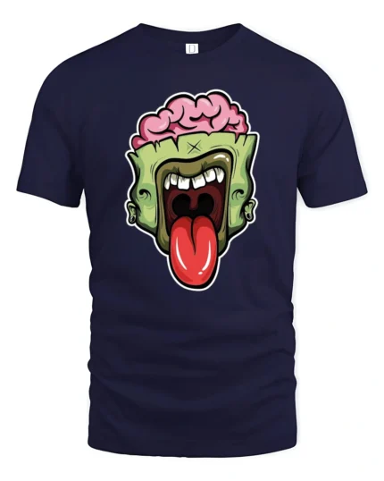 Brainy Undead Zombie Sticking Tongue Out Graphic Tshirt - navy t-shirt on white background