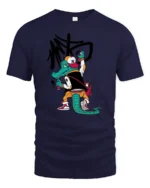 Graffitied Alligator Street Artist Varsity Jacket Graphic Tee - navy t-shirt on white background
