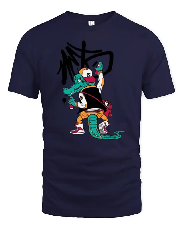 Graffitied Alligator Street Artist Varsity Jacket Graphic Tee - navy t-shirt on white background