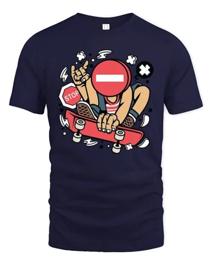 Rebel Skater Stop Sign Head Street Art Graphic Tshirt - navy t-shirt on white background
