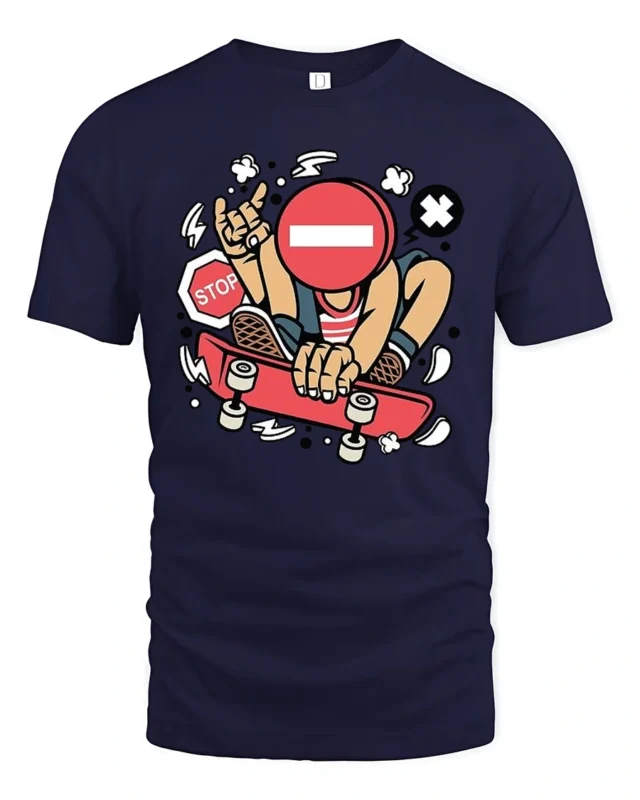 Rebel Skater Stop Sign Head Street Art Graphic Tshirt - navy t-shirt on white background