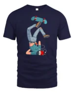 Clumsy Skater Headphones Fail Street Art Graphic Tshirt - navy t-shirt on white background
