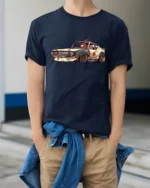 Retro Japanese Drift Car Street Runner Graphic Tshirt - model wearing navy tee with hands in pockets