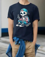 Cool Skater Skeleton Peace Sign Street Style Graphic Tee - model wearing navy tee with hands in pockets