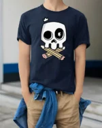 Creative Illustrator Artist Skull Crossed Pencils Graphic Tee - model wearing navy tee with hands in pockets