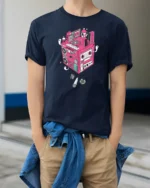 Retro Musical Cube Beats Pink Cassette Tape Graphic Tshirt - model wearing navy tee with hands in pockets