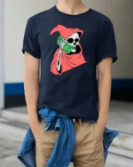 Bold Money Reaper Cash Calling Red Cloak Graphic Tee - model wearing navy tee with hands in pockets