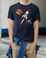 Galactic Rocket Ship Launch Retro Space Exploration Tshirt - model wearing navy tee with hands in pockets