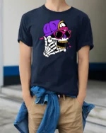 Vibrant Hip Hop Skeletal Rockstar Pink Shades Graphic Tee - model wearing navy tee with hands in pockets