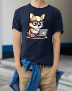 Smart Tech Corgi Puppy Coding Laptop Nerd Graphic Tshirt - model wearing navy tee with hands in pockets