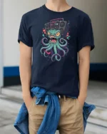 Loud Octopus Retro Boombox Street Art Graphic Tshirt - model wearing navy tee with hands in pockets